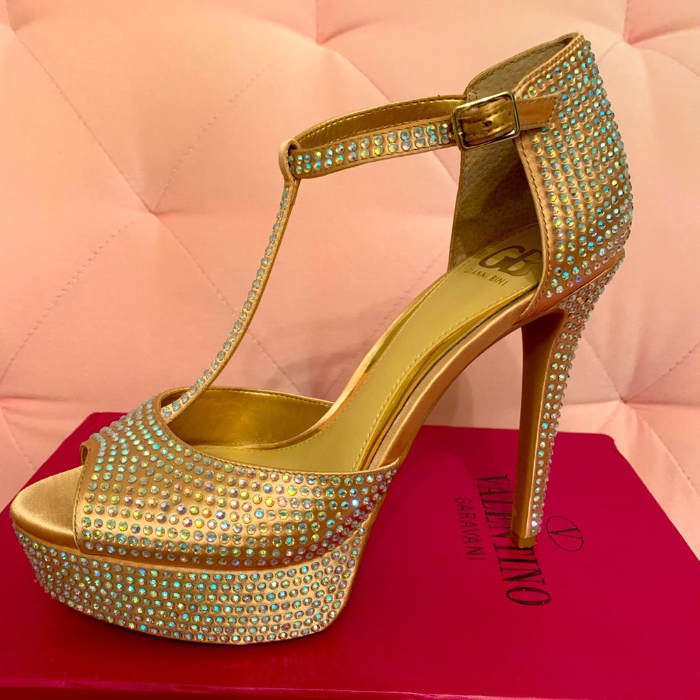Gorgeous gold silk heels with iridescent crystals